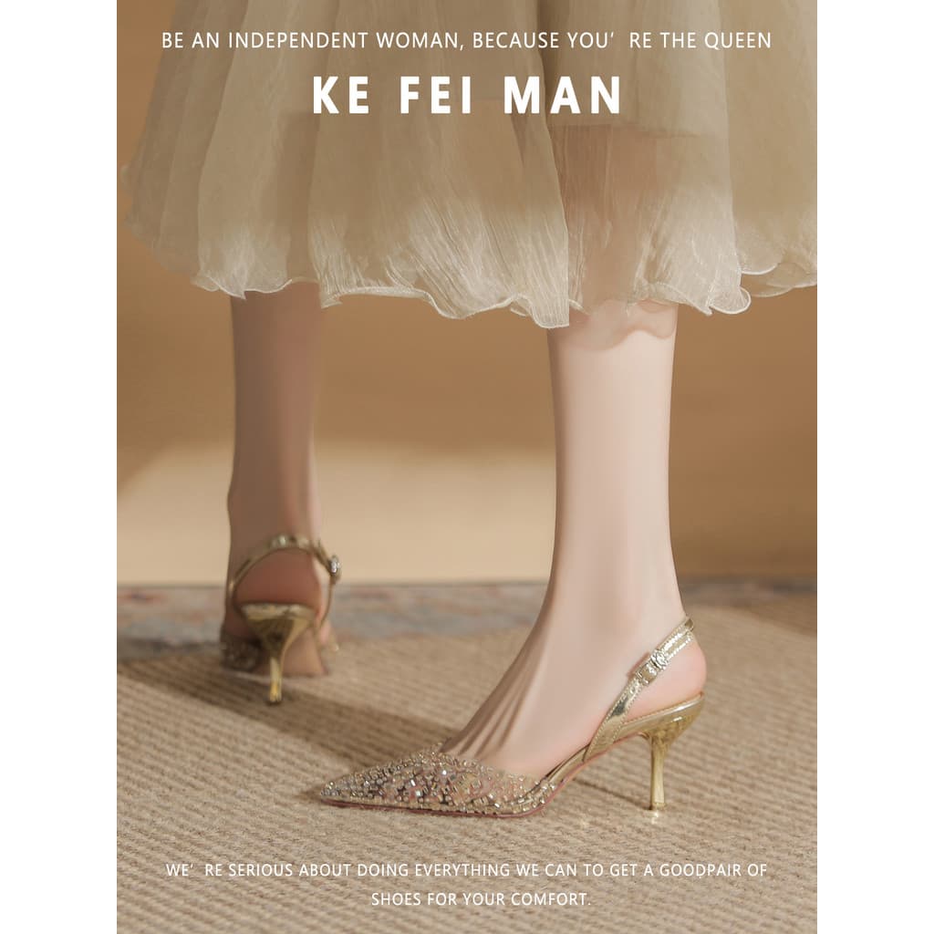 [Kefiman] Lindas sandálias de salto alto cobertas de strass femininas verão Stiletto pontiagudo sapatos de salto alto do