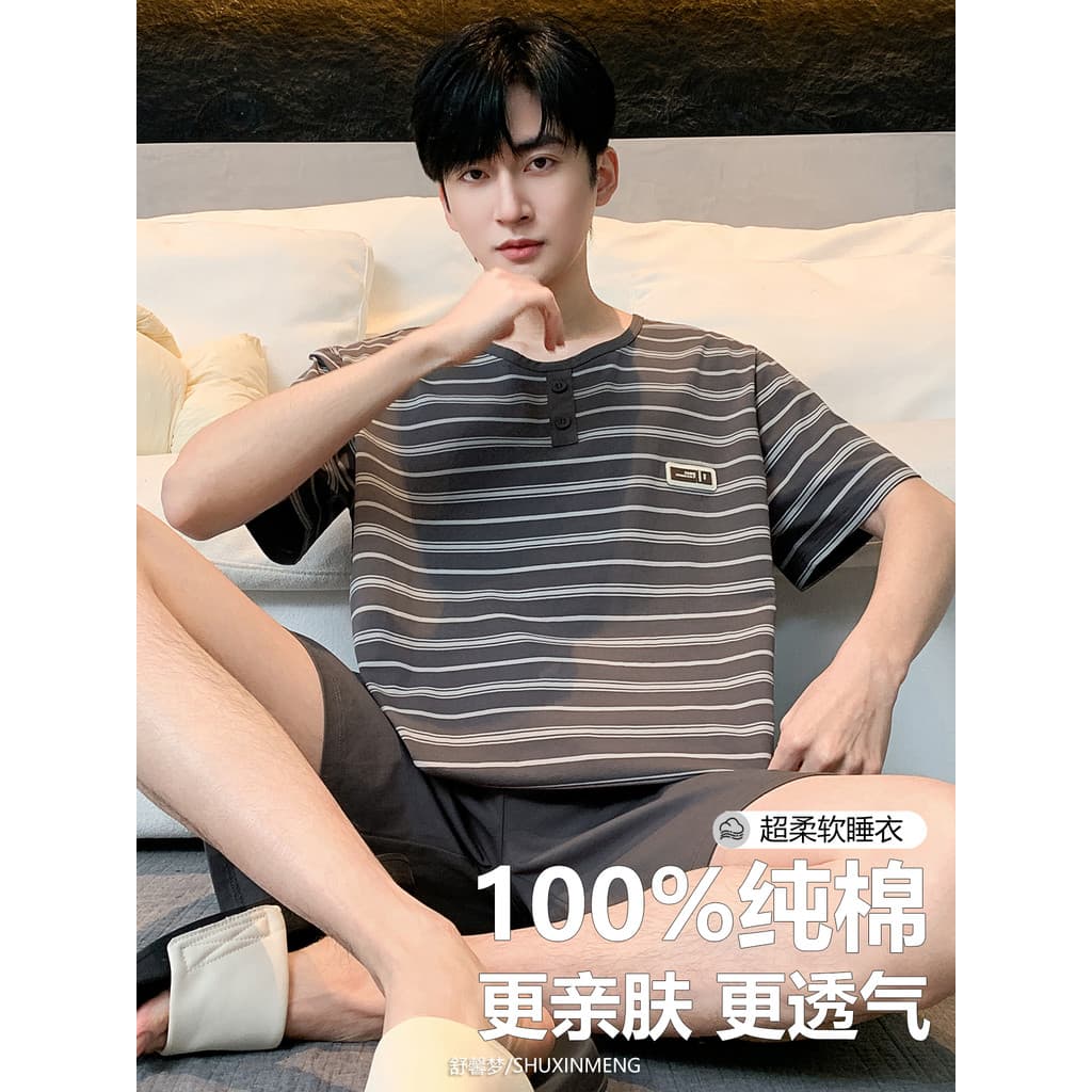 2026 novo estilo pijamas masculinos verão puro algodão Shorts de manga curta pode usar exterior listrado solto Loungewea