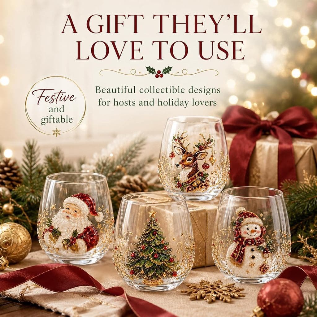 Taça de Vinho Sem Haste Pintada à Mão para o Natal - Design Festivo com Papai Noel, Renas e Árvore de Natal, Festas CC30