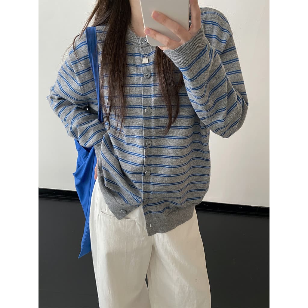 Sun Pomelo Retro Em Torno Do Pescoço Contraste Cor Listrado Cardigan Simples All-Match Single-Breasted Versão Coreana Bo