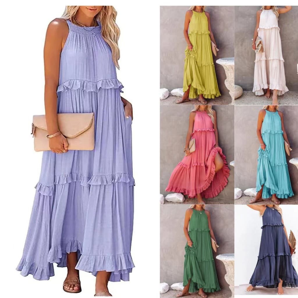 2026 verão novo estilo férias estilo babados vestido longo bainha grande elegante vestido de praia feminino