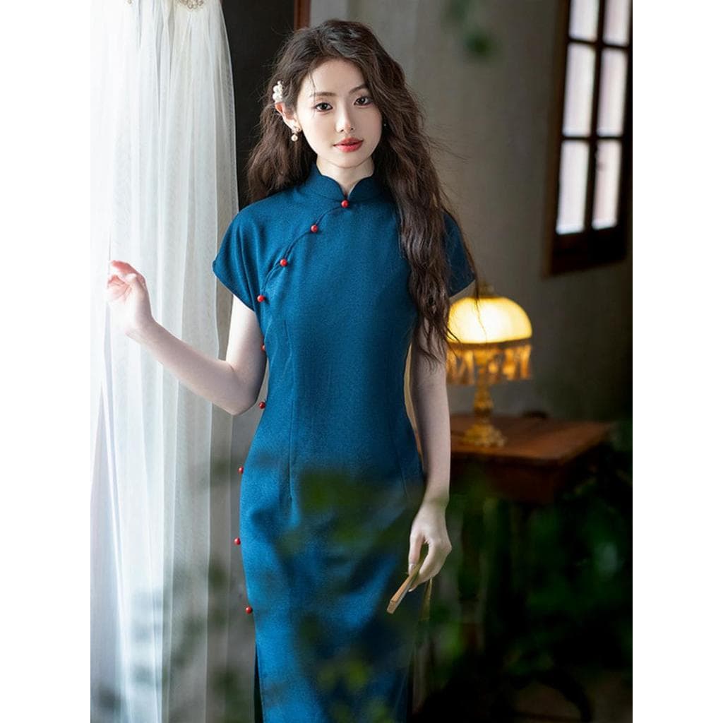 2025 Novo Estilo Método Antigo Corte Plano Cheongsam Azul Retro Novo Estilo Chinês Bonito Diário Elegante Temperamento E