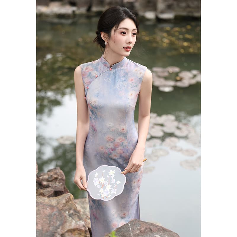 Novo vestido chinês temperamento retro roxo melhorado Cheongsam retro linho de seda legal verão vestido longo feminino