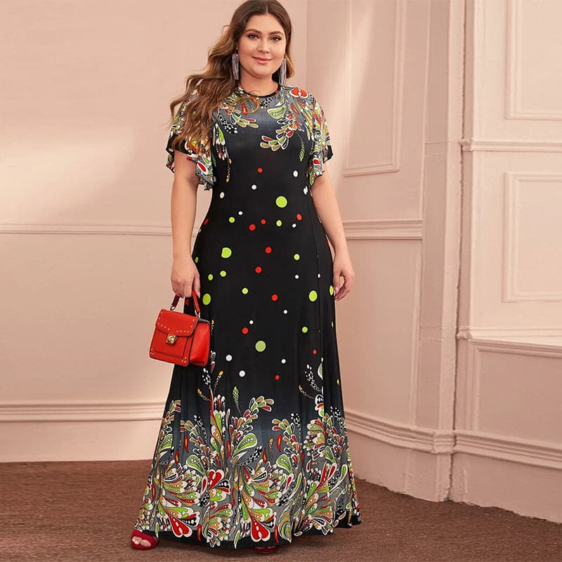 Vestido Longo Feminino De Manga Curta Tamanho Grande