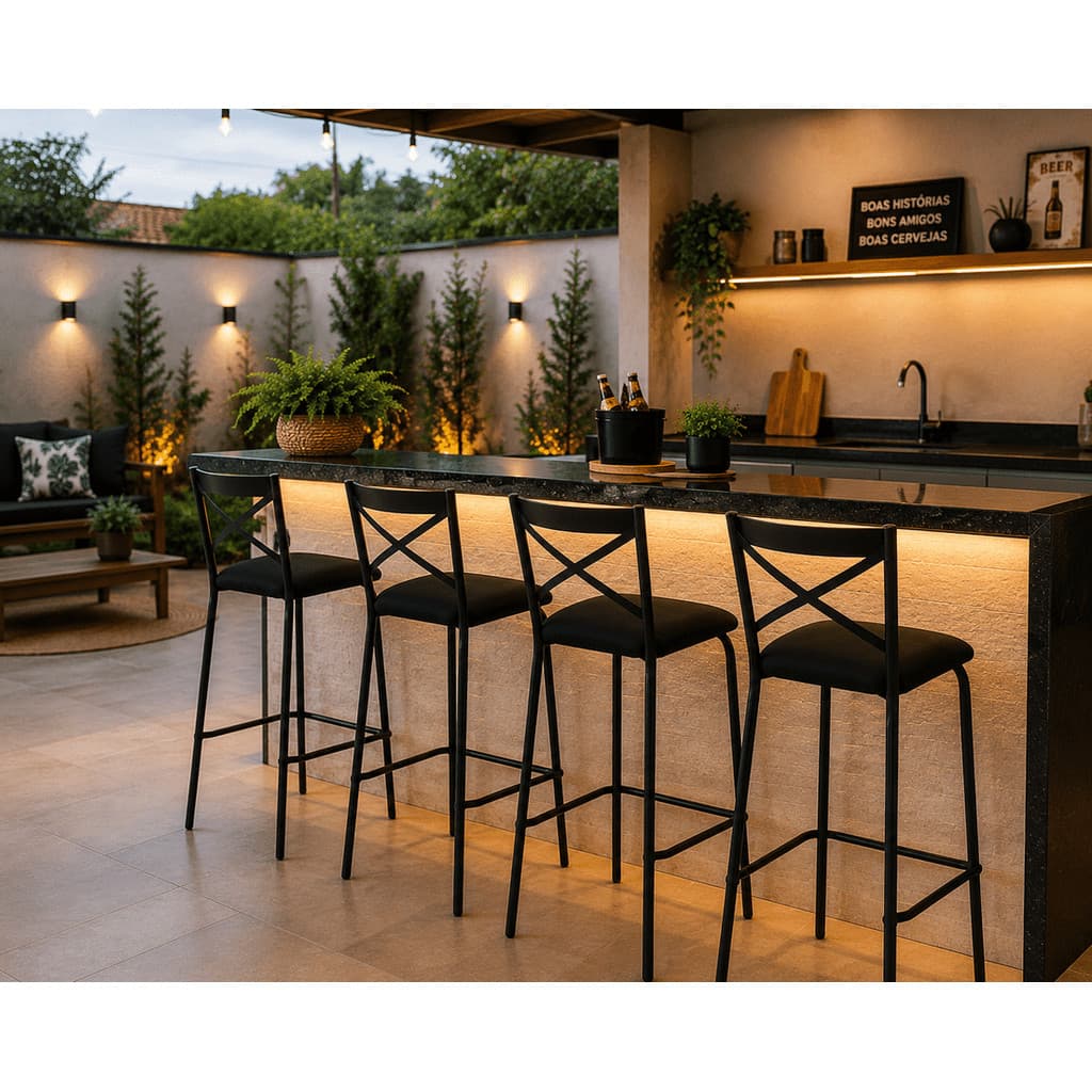 4 Banquetas Altas Pretas Banco com Encosto para Balcão Cozinha Bancada Área Gourmet