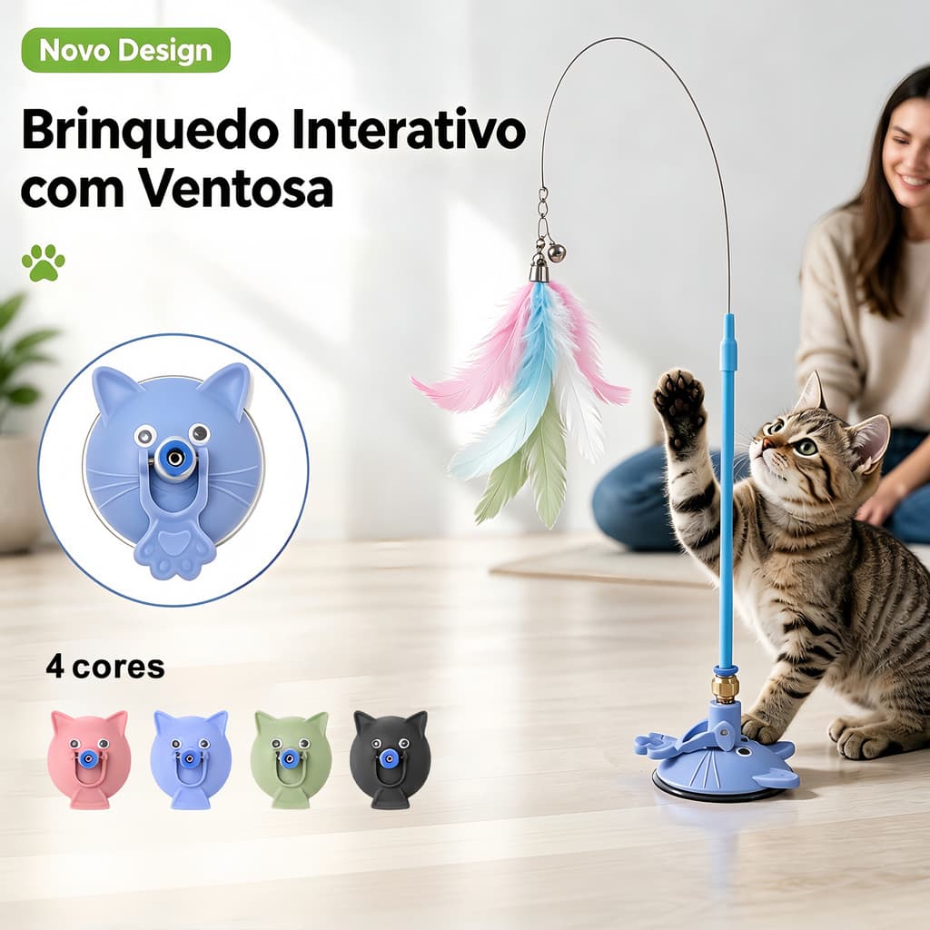 Brinquedo Interativo Varinha Pena Com Ventosa Com Sino Fixa No Chão Parede Para Gatos Adultos e Filhotes