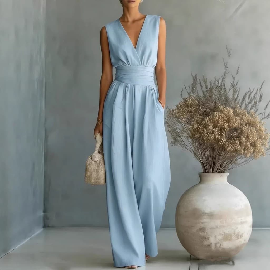 Macacão Feminino Elegante Sem Mangas com Decote em V e Cintura Marcada, Estilo Europeu e Americano, para o Verão de 2026
