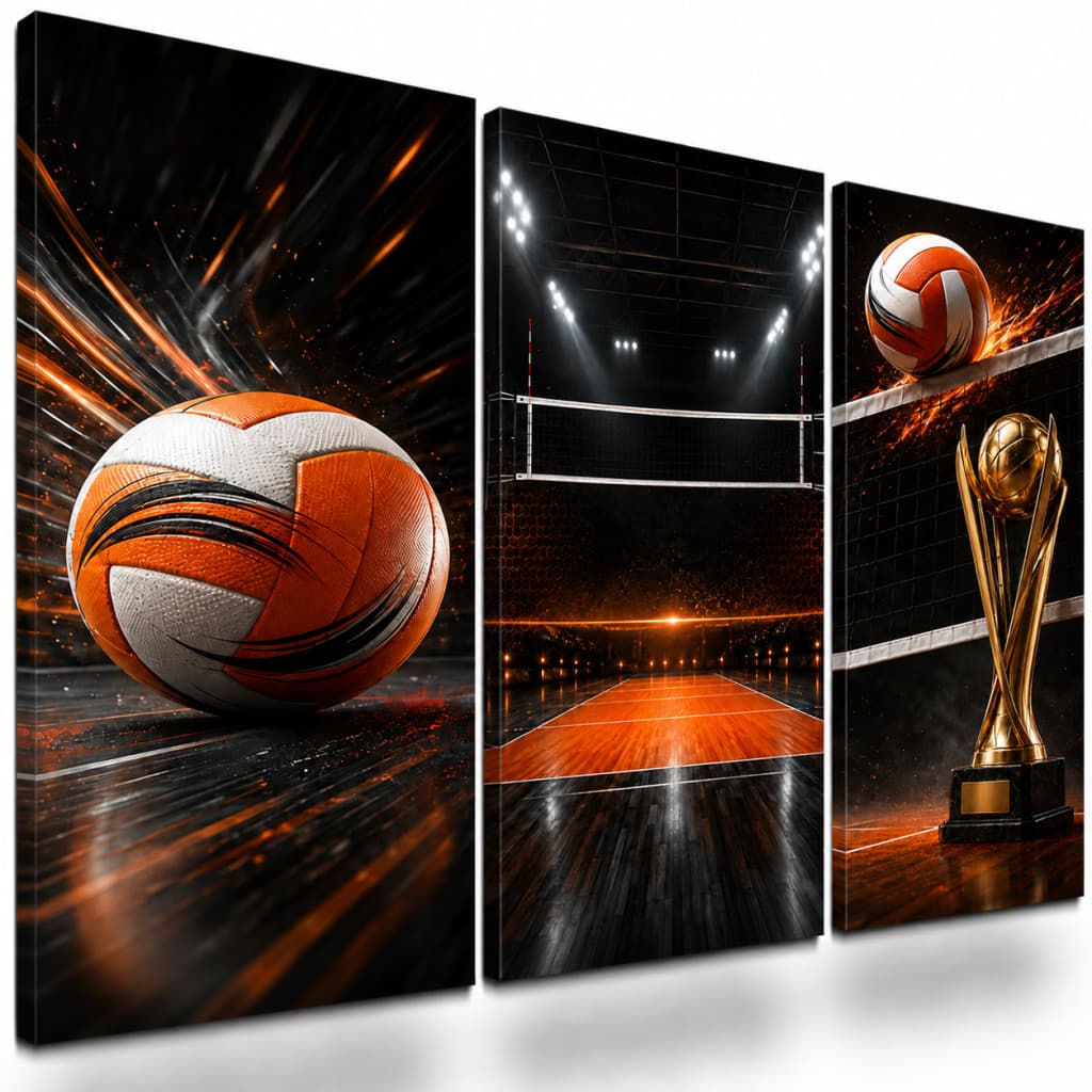 Kit 3 Quadros Decorativos Vôlei Bola Quadra Rede Troféu Preto e Laranja para Quarto de Atleta