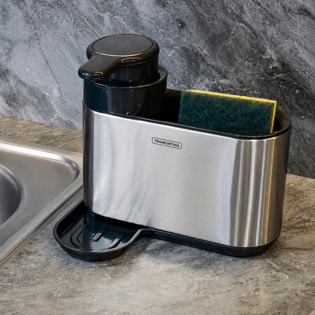Suporte Esponja Bucha Tramontina com Dosador Dispenser De Sabão 250ml em Inox Detergente Pia Cozinha