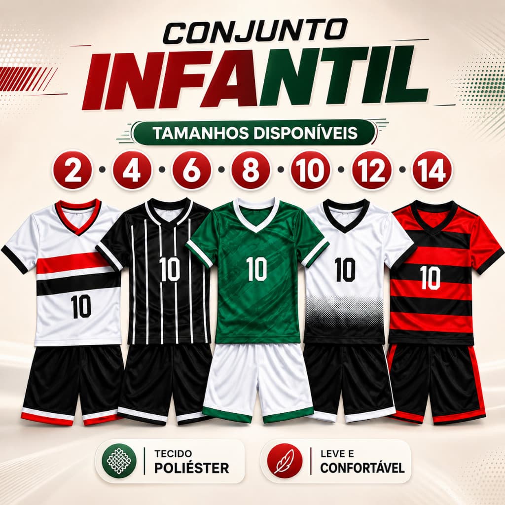 Kit Futebol Infantil Camiseta e Short Conjunto Esportivo Juvenil do 2 ao 14 - Envio Imediato !!!