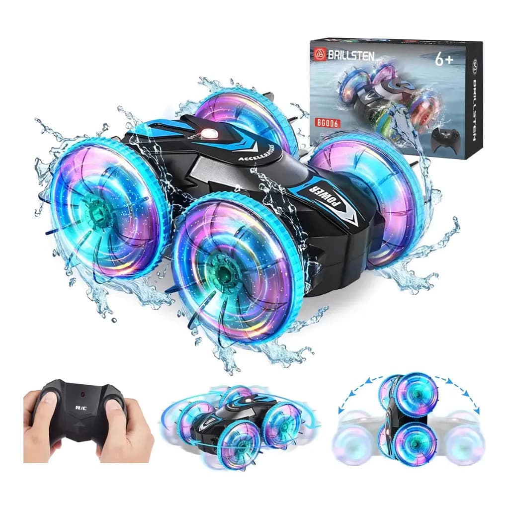 JogoJunto Carro RC Anfíbio 4x4 Controle Remoto Acrobático 360° Terra e Água Luz LED Bateria Recarregável