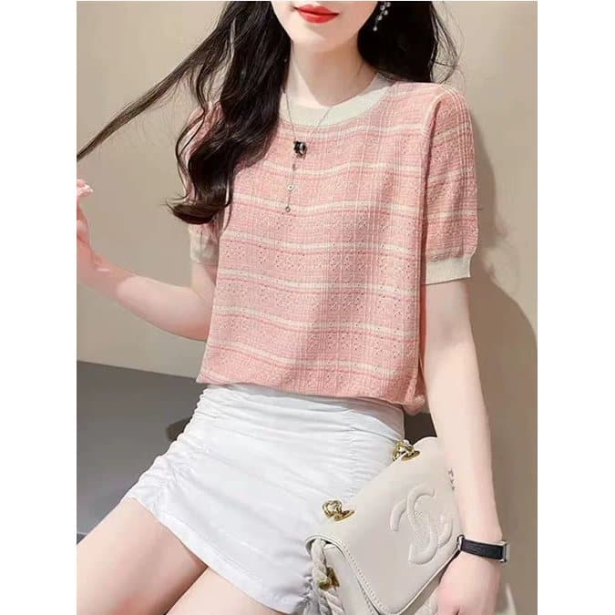Novo tamanho grande roupas femininas gordura mm verão fresco solto estilo fino cor-bloqueio de seda gelo em torno do pes