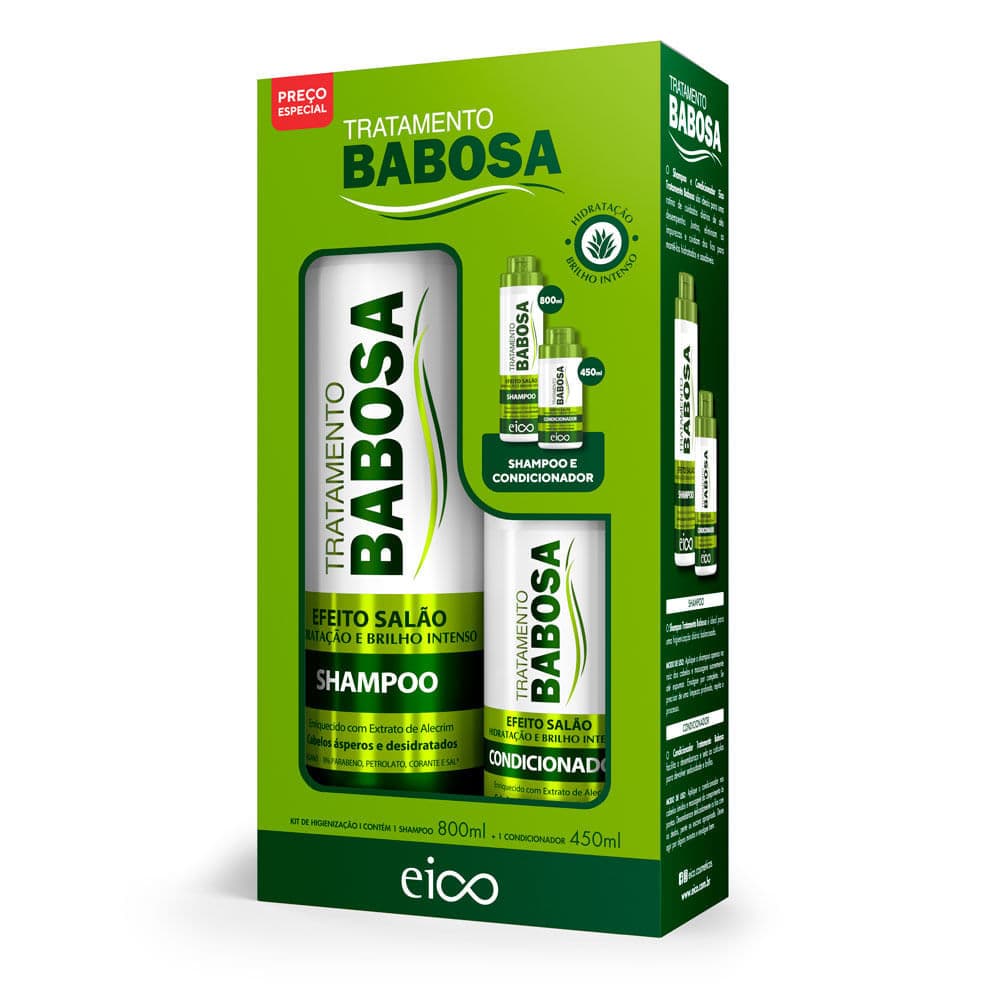 Kit Eico Tratamento Babosa Efeito Salão Hidratação e Brilho Intenso Shampoo 800ml e Condicionador 750ml