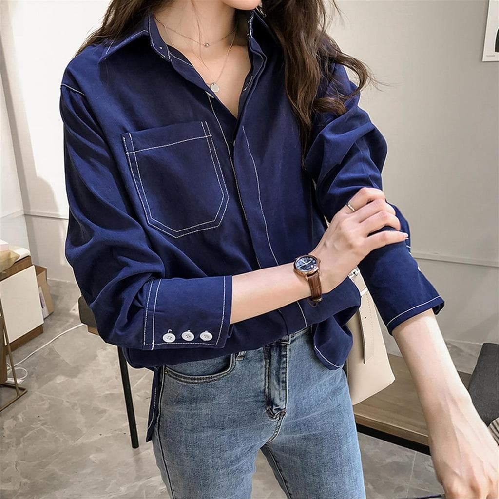 Desconto em marca Roupas femininas contador comércio exterior primavera outono solto camisa preguiçosa manga longa Retro