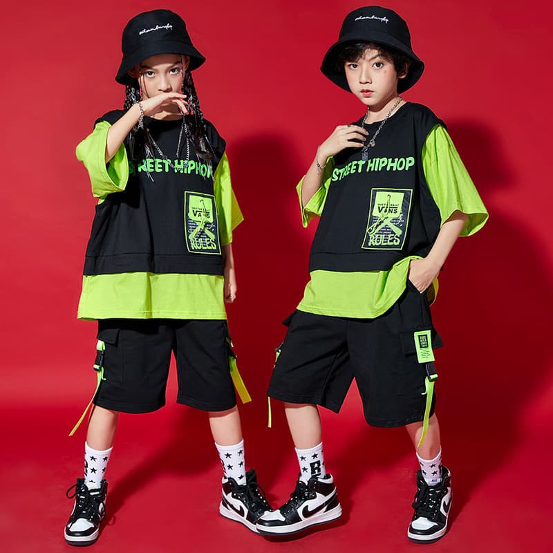 Dança de rua roupas da moda das crianças Hip Hop verão solto meninos dança fluorescente verde falso colete de duas peças