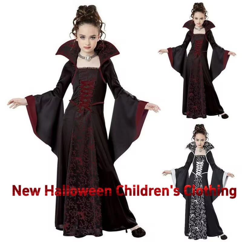 [Envio rápido] Novo estilo de fantasia infantil de Halloween fantasia de bruxa requintada estilo retrô gola alta manga l