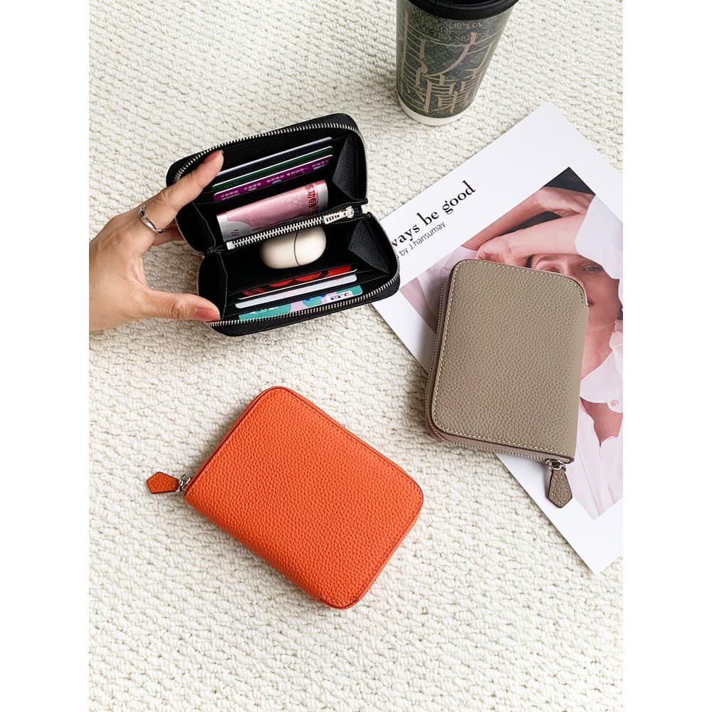 Couro genuíno curto multi-compartimento pequena carteira de couro bolsa de moedas feminino simples zíper titular do cart