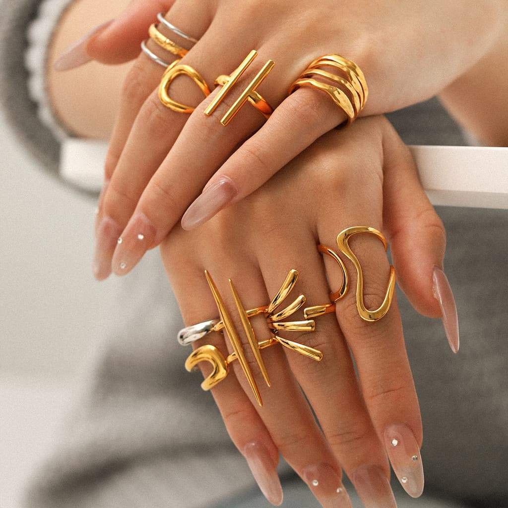 Anel Irregular Feminino, Aço Inoxidável Banhado a Ouro 18K, Não Desbota, Hipoalergênico DEO2 MZW6