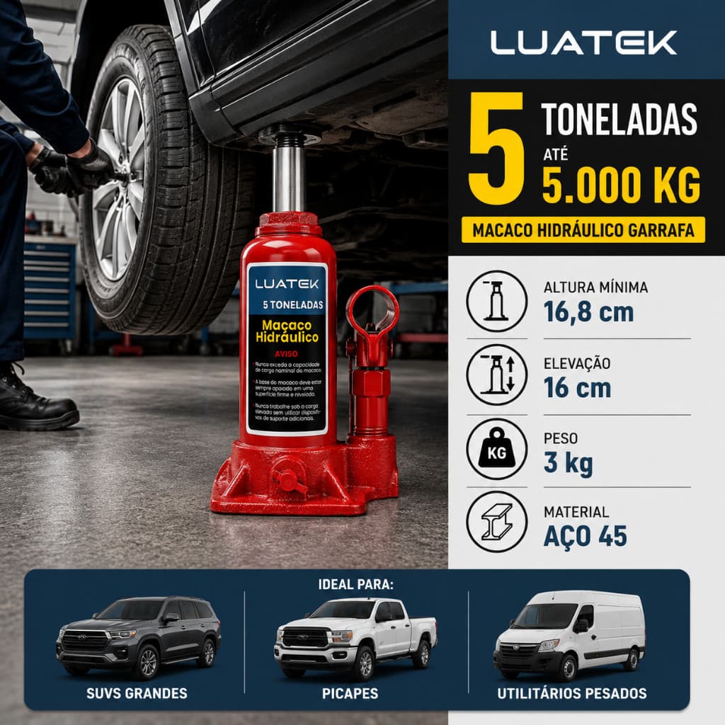 Macaco Hidráulico para Carro Luatek 2/3/5 Toneladas Aço Resistente Manutenção Veicular Emergência