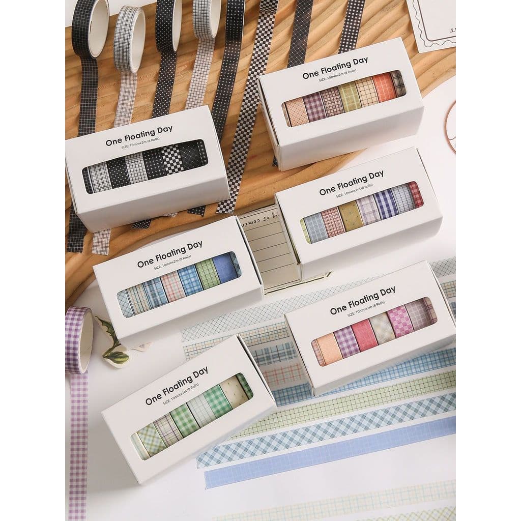 Conjunto de fita Washi da série de vida flutuante de um dia 8 rolos em menina coração xadrez fresco estilo básico fita m