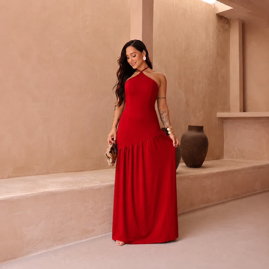 Vestido Suplex Longo Feminino Frente Única Elegante