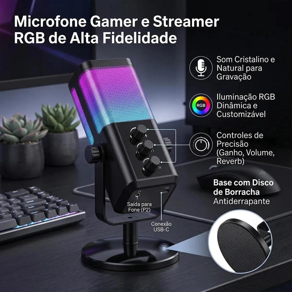 Microfone Gamer Condensador HREBOS MF-011 RGB Alta Sensibilidade USB para Podcast Streaming PC