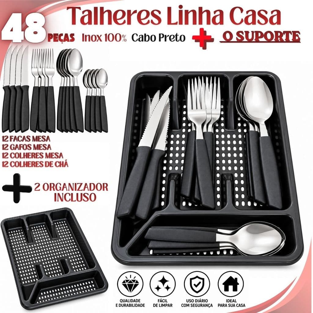 Jogo 48 Talheres cabo colorido Aço Inox 48 ou 24 Peças + Porta talher Talher Conjunto Cozinha