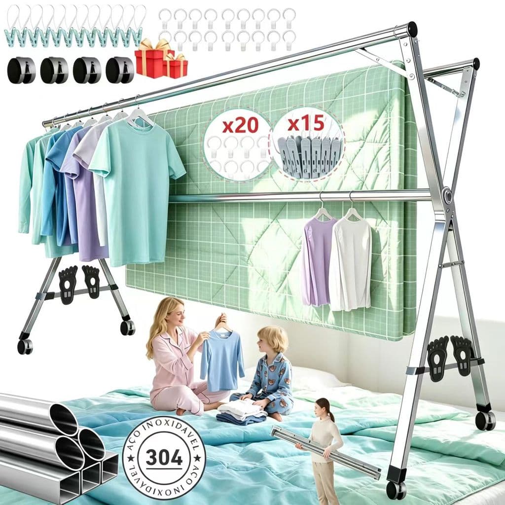 Varal Retrátil Dobrável Extensível 150-240cm Aço Inoxidável com Rodas 360° Estendal para Apartamento