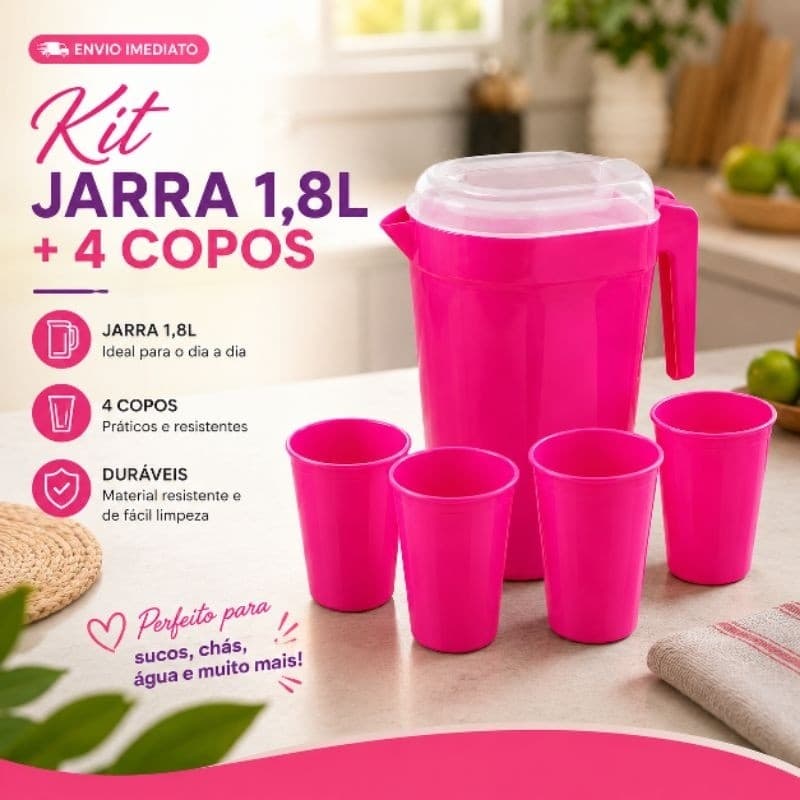 Kit Jarra 1,8L + 4 Copos Plásticos Rosa Pink | Conjunto para Suco Água Chá | Jarra com Tampa