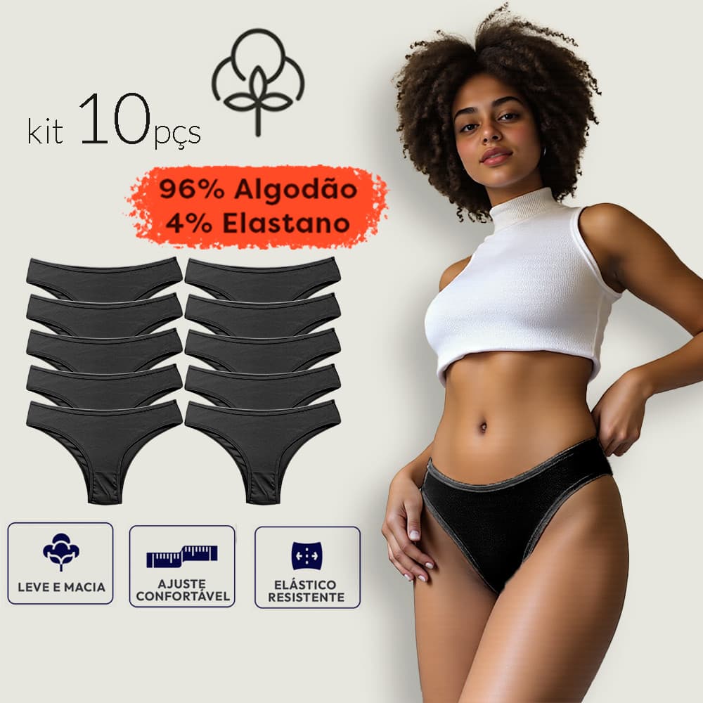Kit 10 Calcinhas Algodão Básica dia a dia Conforto Tanga Lisa
