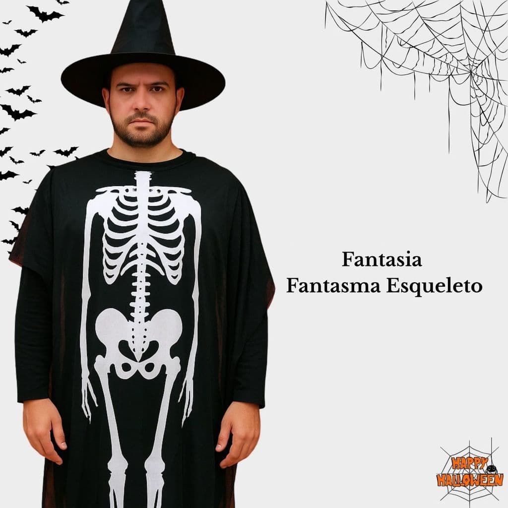 Fantasia Halloween Adulto – Fantasma Esqueleto Preta 💀🎃