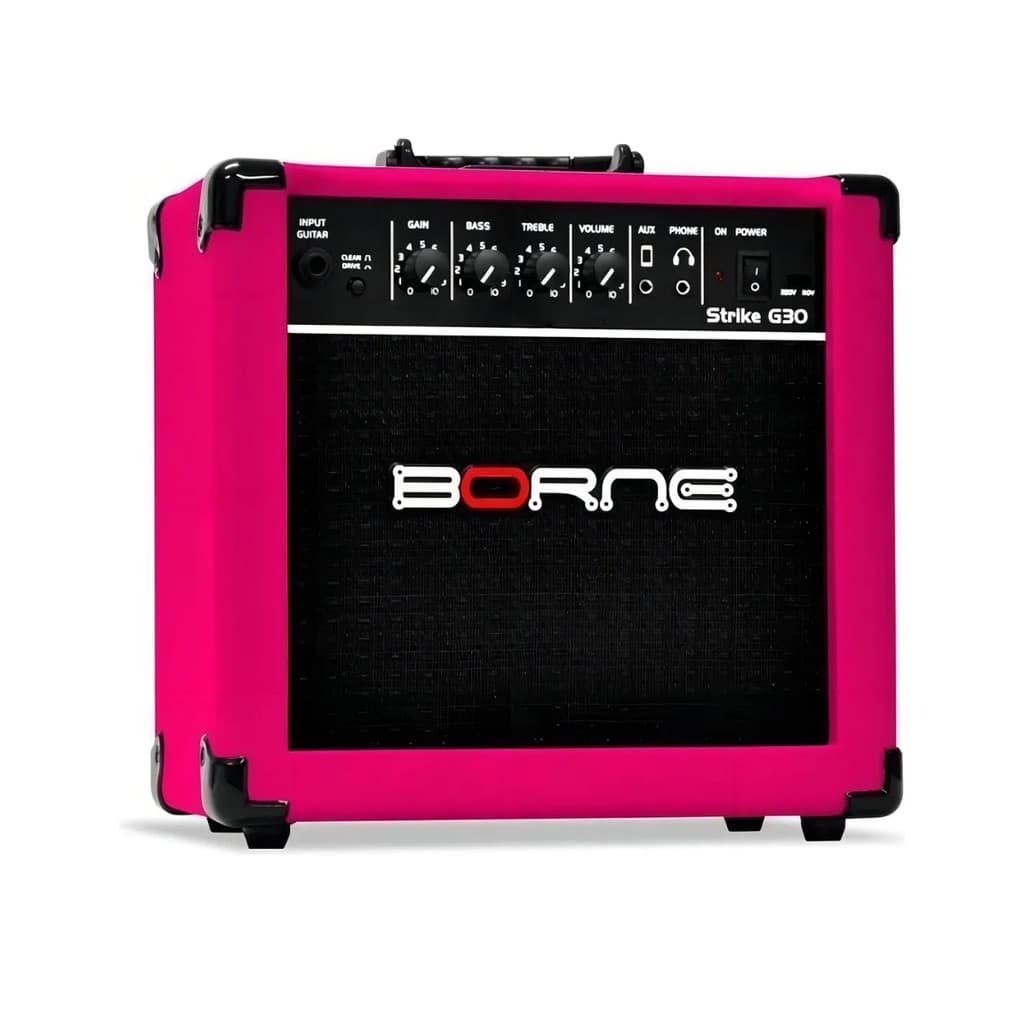 Amplificador Borne Strike G30 Rosa Guitarra Cubo Bivolt Canais Drive Auxiliar Celular