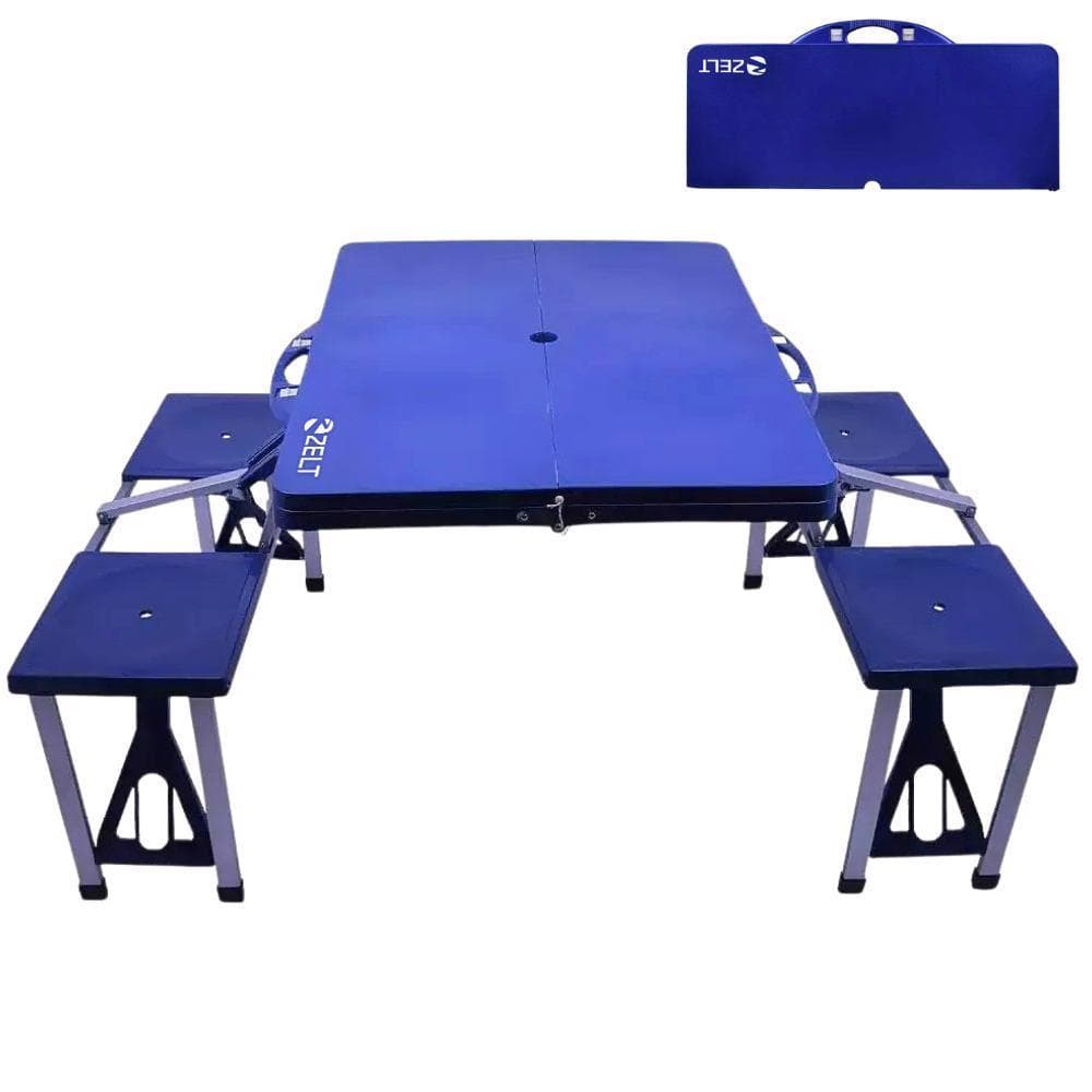 Mesa Camping Portátil Dobrável 136x65cm 4 Banquetas Tipo Maleta Azul Para Acampamento Pesca Passeio Viagem Praia ZELT
