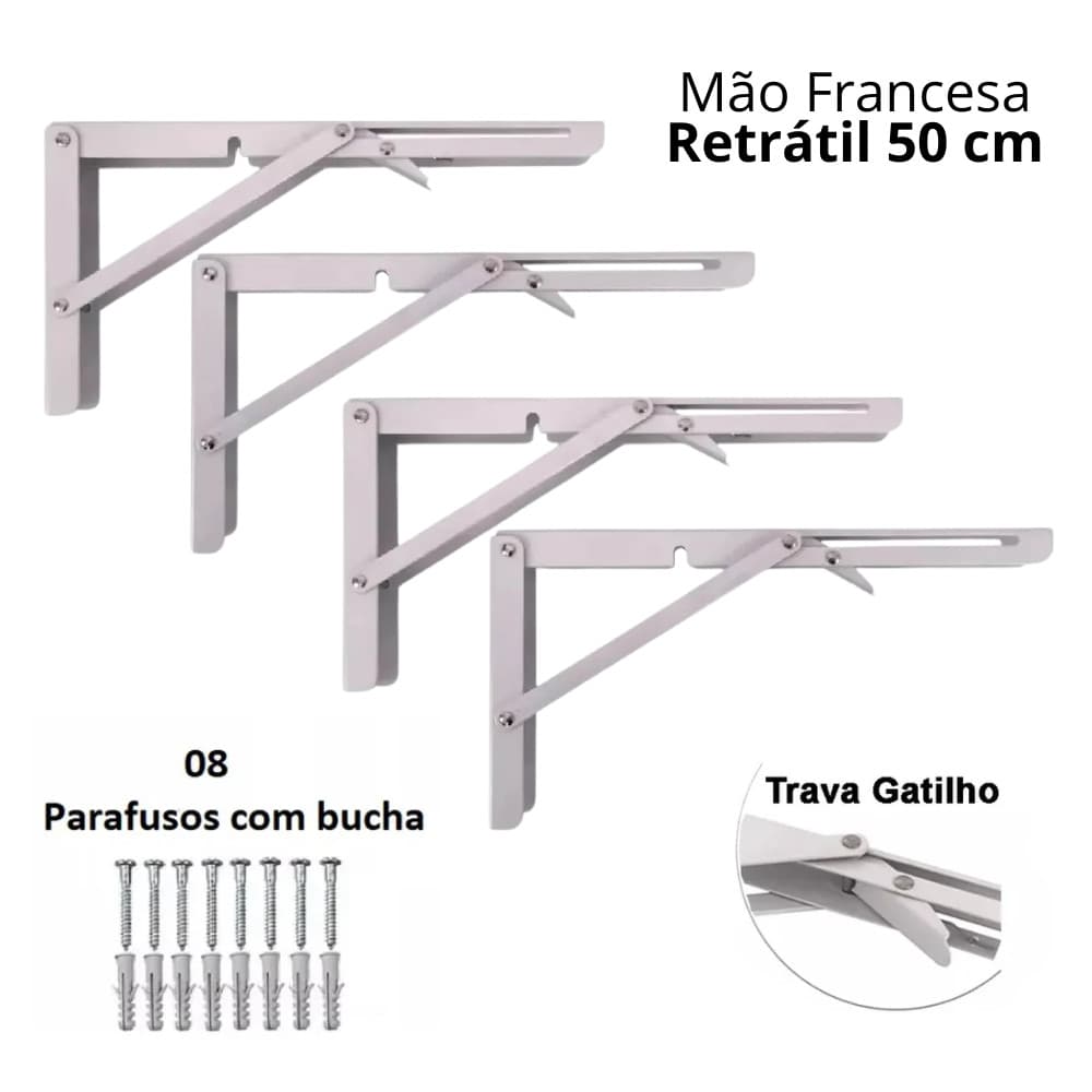 Kit 4 Suportes Mão Francesa Cantoneira Dobrável Retrátil Reforçada Prateleira Mesa Com Parafuso 50cm