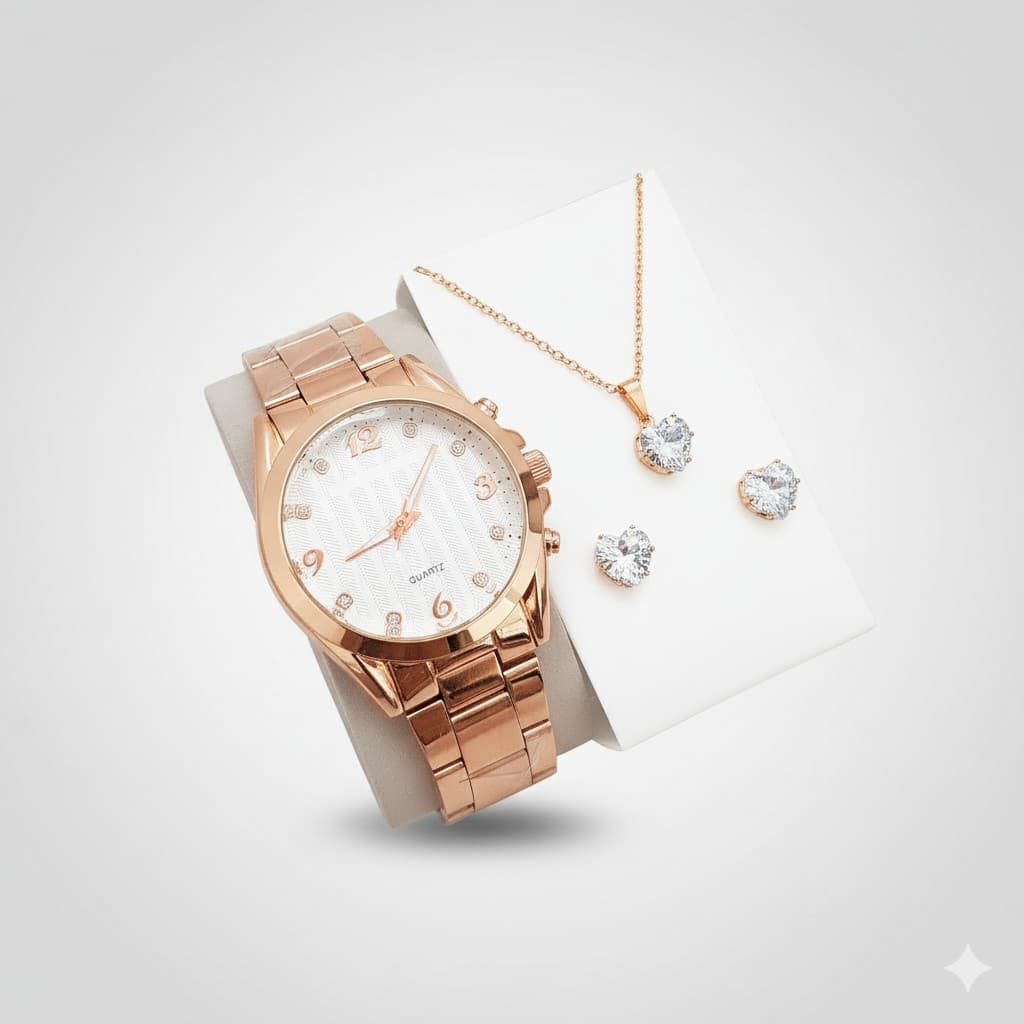 Relógio Feminino Dourado ou Prata + Conjunto Colar e Brinco Folheado | Elegância e Estilo em Um Só Kit!