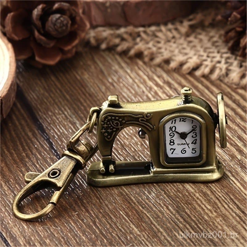Máquina de costura Forma Pocket Watch Vintage Bronze Keychain Novidade Quartz Watch Keychain Pendant Bag Acessórios Crea