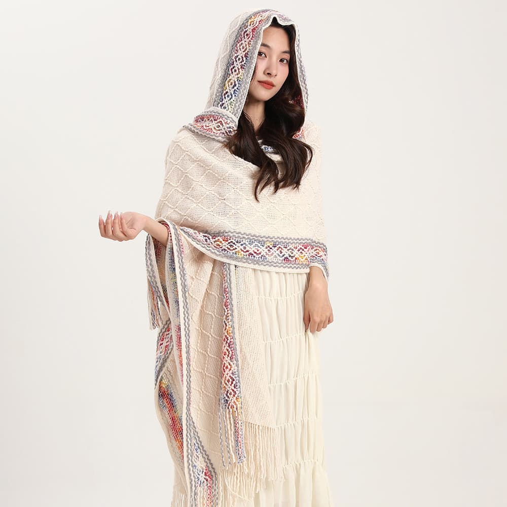 [Nova chegada] xale com capuz Off-White capa externa étnica feminina Yunnan protetor solar tibetano estilo fino roupa de