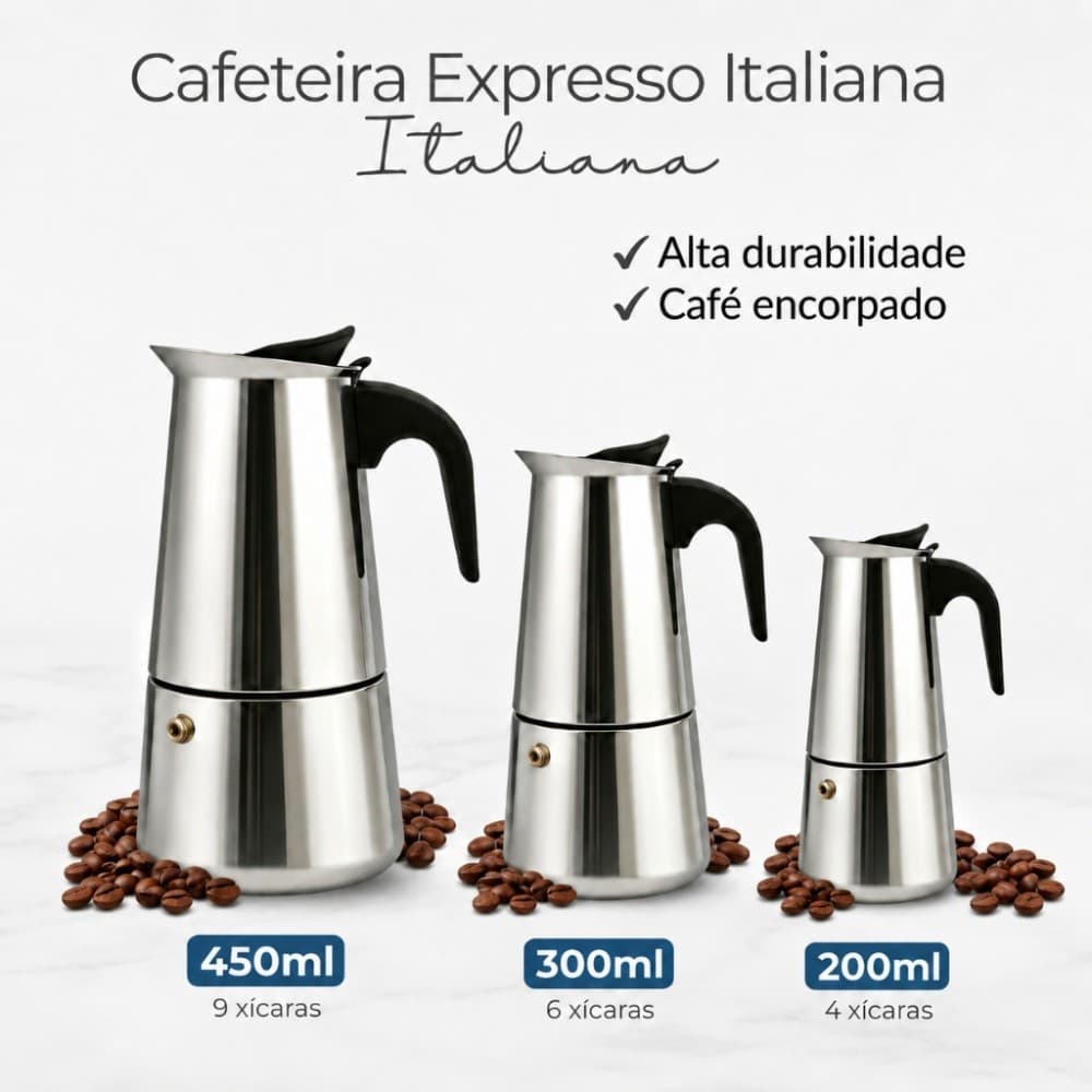 Cafeteira Moka Italiana de Alumínio 4/6/9 Xícaras Tamanhos 200ml até 450ml