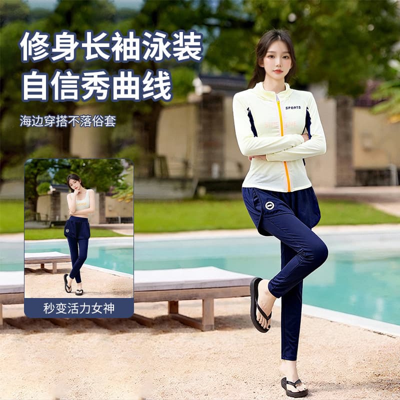 Maiô feminino dividido de três peças calças de manga comprida de secagem rápida Slim Fit Look mais fino