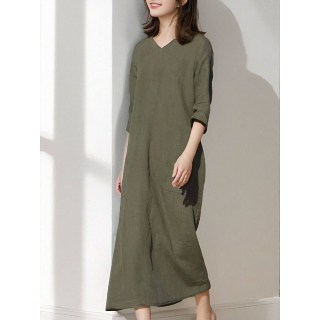 Zimo Qinghe ~ Vestido de linho literário de cor sólida feminino solto Casual mais fino Look manga três quartos com decot