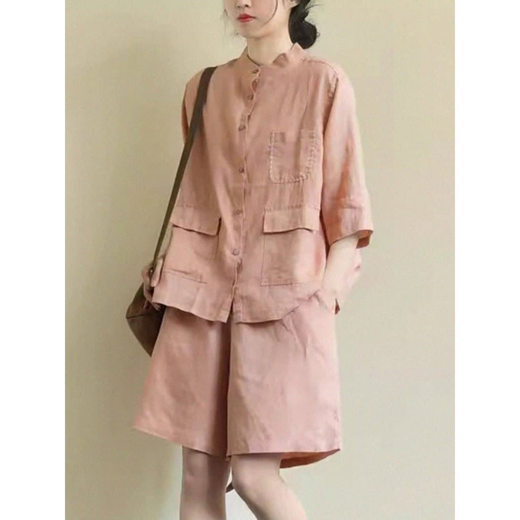 Zimo Qinghe ~ Terno de linho de algodão feminino temperamento em torno do pescoço camisa de linho de manga média Casual