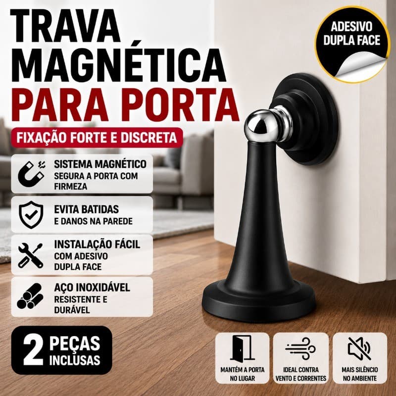 Trava Magnética para Porta Longa ，Fixador de Porta em Aço Inoxidável com Adesivo Dupla Face Preto
