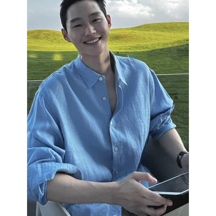 Camisa masculina de linho de algodão azul estilo coreano estilo dinheiro antigo Slim fit manga comprida protetor solar c