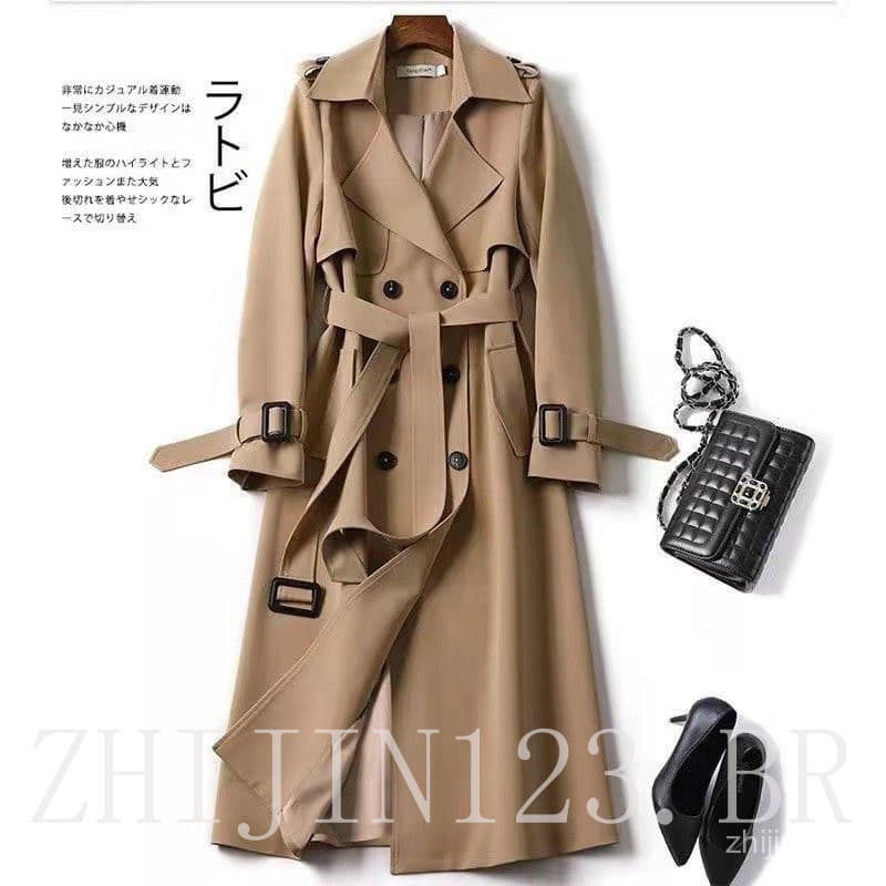 Casaco longo feminino, estilo trench coat, moda, novo trench coat marrom EZTY