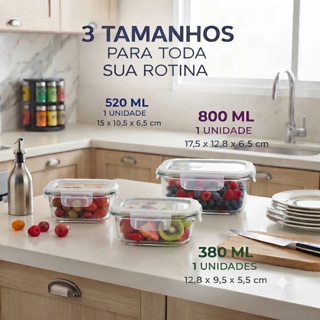 Conjunto 3 Potes de Vidro Hermético p/ Micro-ondas BigooHome ENVIO IMEDIATO
