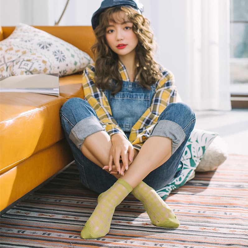 Outono Ultra-fino meias de seda de vidro versão coreana na moda xadrez meias femininas japonês Retro meias de algodão pu