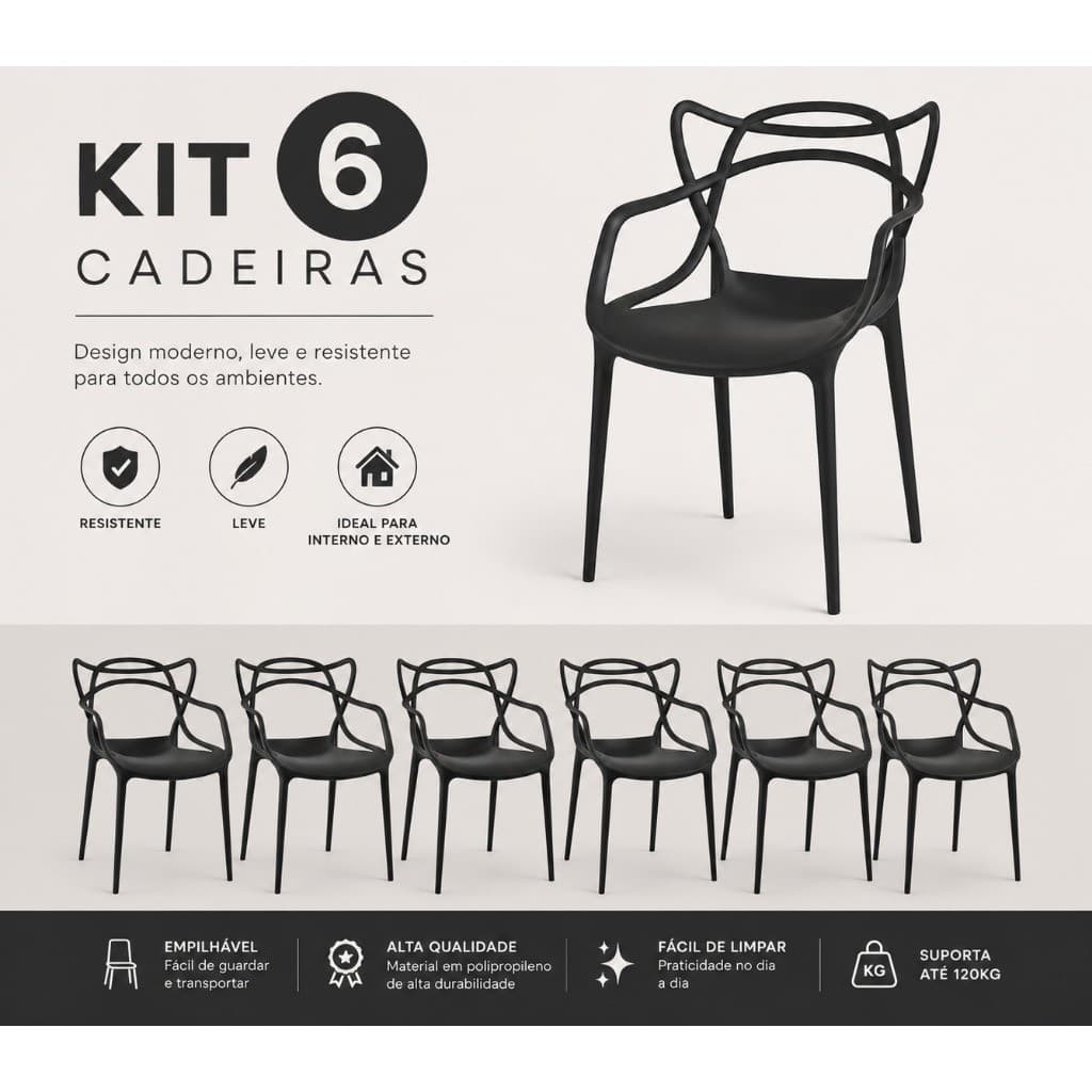 Kit 6 Cadeiras Empilháveis Decorativas Modernas Resistentes Preto