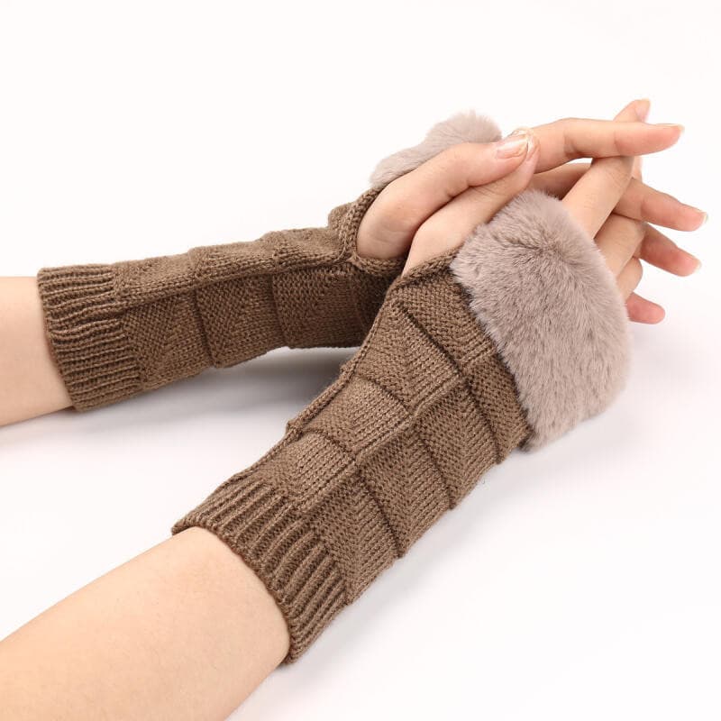 Luvas De Inverno De Pele Sintética Tricô Mão Mais Quente Meio Dedo Pulso Escrita Braço Gants