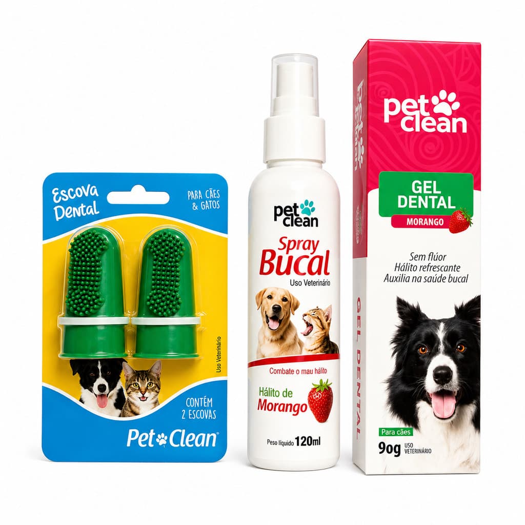 Kit Gel Dental + Spray Bucal + Escova Dedeira Pet Clean Morango