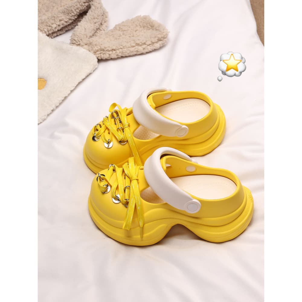 Runaway limão ~ salto aumentado sapatos de sola grossa buraco feminino verão novo estilo exterior Wear moda pisando na m